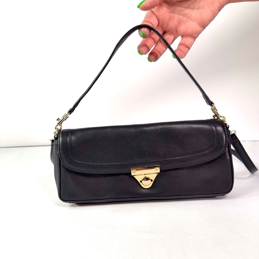 Giani Bernini Black Leather Mini Shoulder Bag Gold Push Lock Baguette Purse